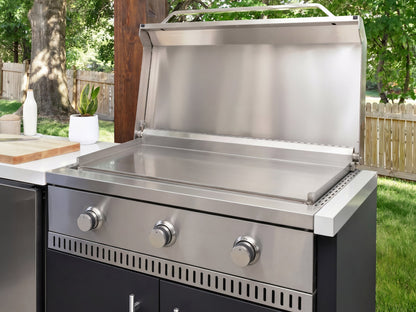 Emory | Corner Outdoor Kitchen Island with Built-In Griddle & Pizza Oven