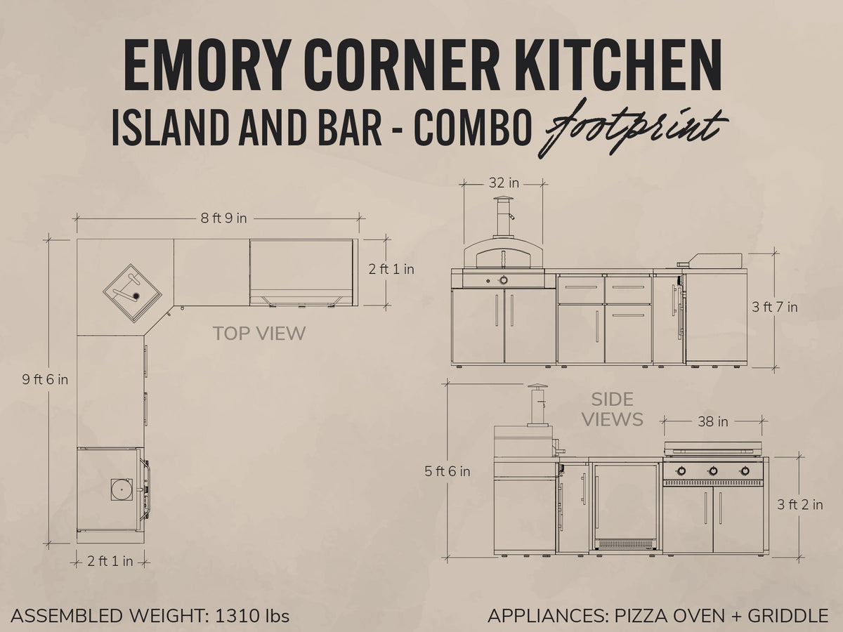 Emory | Corner Outdoor Kitchen Island with Built-In Griddle & Pizza Oven