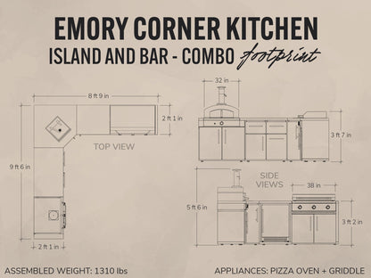 Emory | Corner Outdoor Kitchen Island with Built-In Griddle & Pizza Oven
