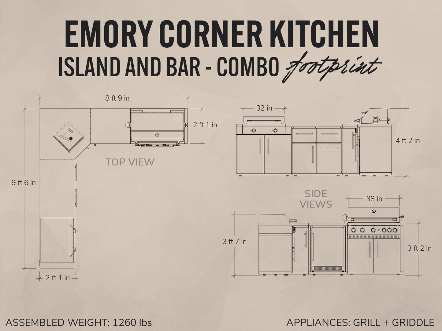Emory | Corner Outdoor Kitchen Island with Built-In Grill & Griddle