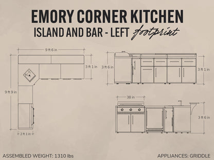 Emory | Corner Outdoor Kitchen Island with Bar Seating & Built-In Griddle – Left