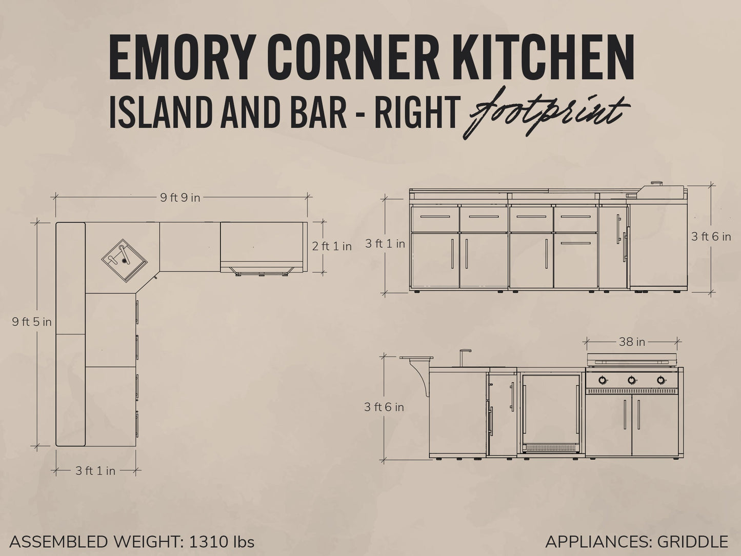Emory | Corner Outdoor Kitchen Island with Bar Seating & Built-In Griddle – Right