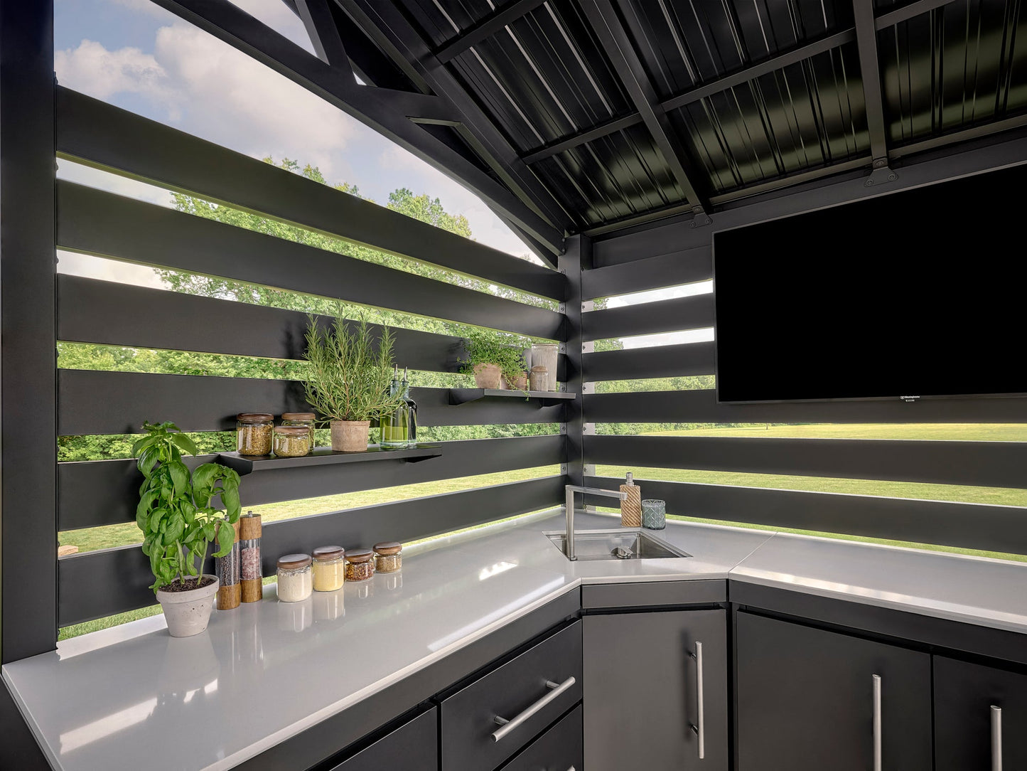 Langston | Covered Appliance-Ready Outdoor Kitchen with Refrigerator & Sink